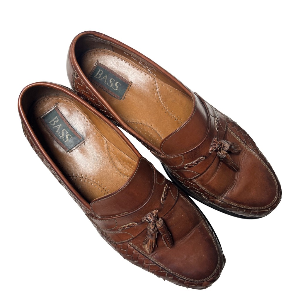 Bass Jerome Mens 10M Brown Woven Leather Tassel Loafers Slip‎ On Dress Shoes